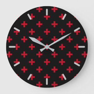 Rote Polka-Kreuze auf schwarz Große Wanduhr