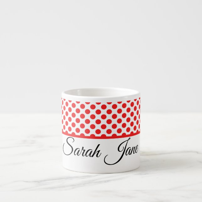 Rote Polka-Punkte | Personalisierter Name Espressotasse (Vorderseite)