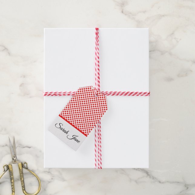 Rote Polka-Punkte | Personalisierter Name Geschenkanhänger (Mit Garn)