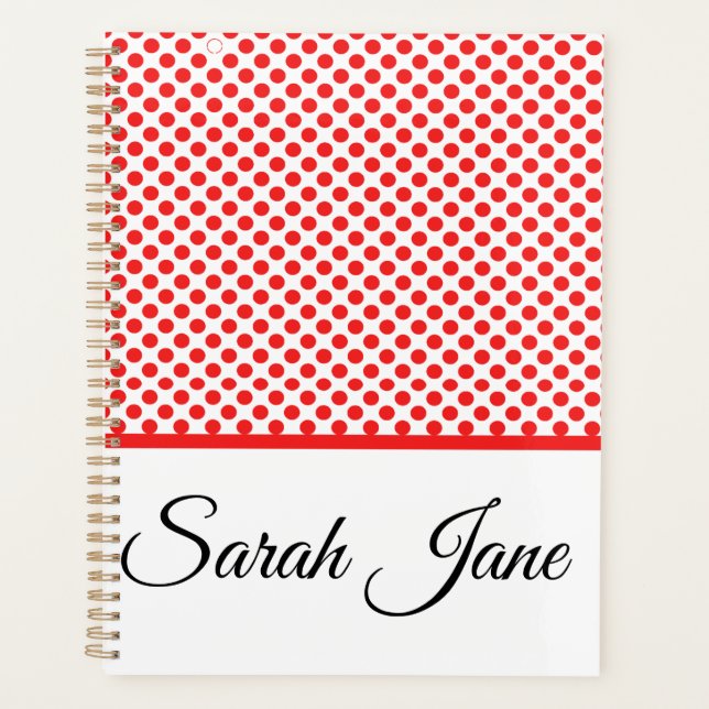 Rote Polka-Punkte | Personalisierter Name Planer (Vorderseite)