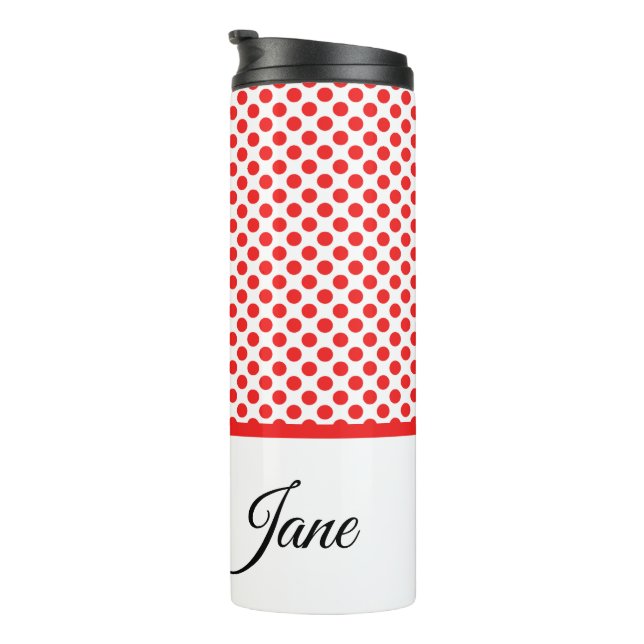Rote Polka-Punkte | Personalisierter Name Thermosbecher (Nach rechts gedreht)