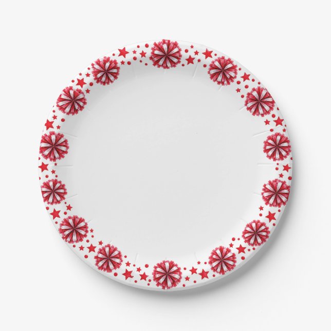 Rote Pom-Poms-Party Pappteller (Vorderseite)