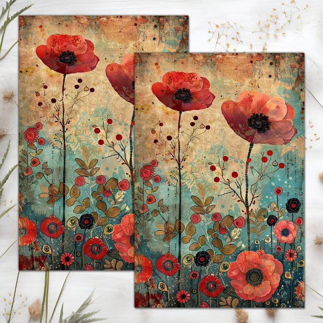 ROTE POPPIEN IN DER FARBDEKOUPAGE SEIDENPAPIER (RED POPPIES IN MEADOW COLLAGE DECOUPAGE TISSUE PAPER)