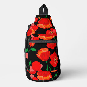 Rote Poppies auf der schwarzen Hintergrunddarstell Crossbody Bag