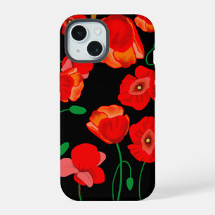 Rote Poppies auf der schwarzen Hintergrunddarstell iPhone 15 Hülle