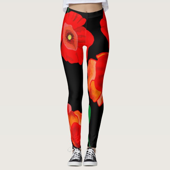 Rote Poppies auf der schwarzen Hintergrunddarstell Leggings (Vorderseite)