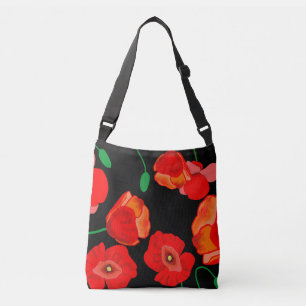 Rote Poppies auf der schwarzen Hintergrunddarstell Tragetaschen Mit Langen Trägern