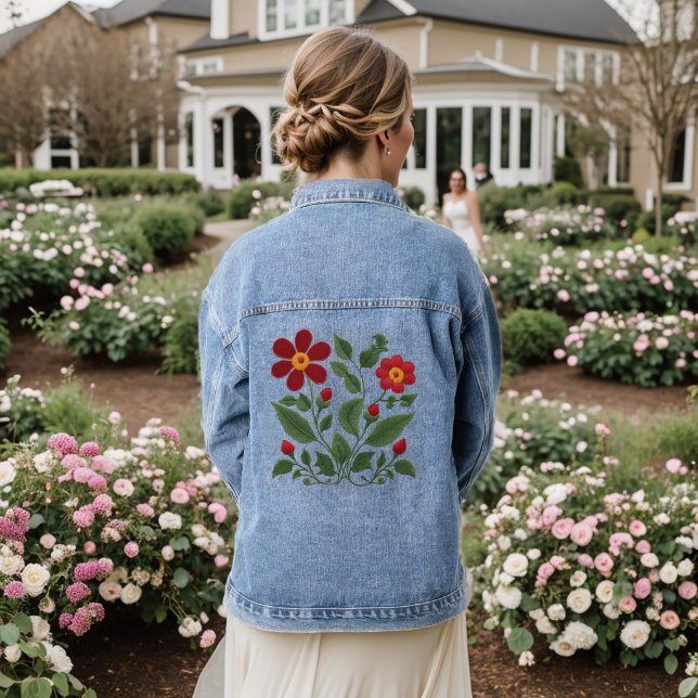 Rote Posies-Folk-Art Jeansjacke (Hochzeit Rückseite)