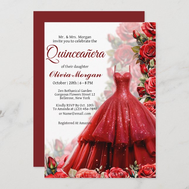 Rote Prinzessin Kleid Quinceanera Einladung (Vorne/Hinten)