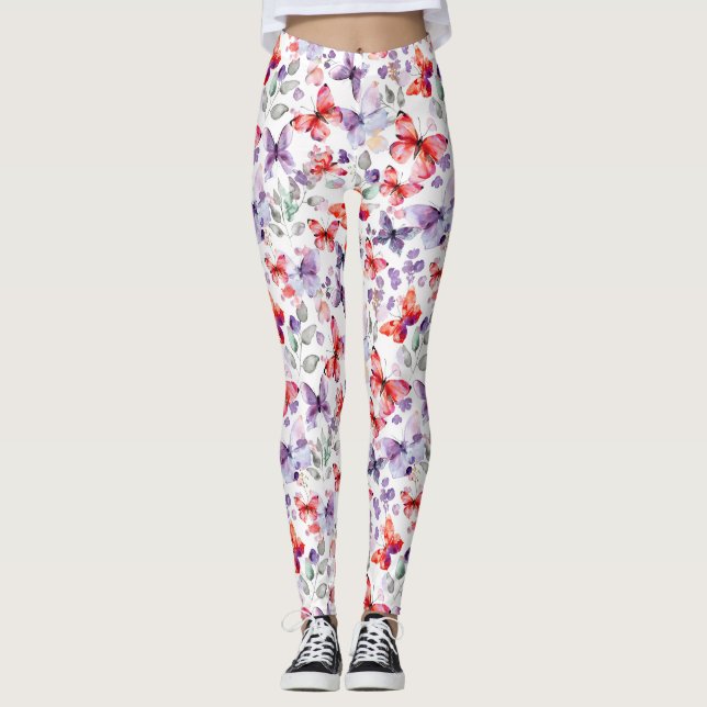 Rote Purpur Schmetterlinge Leggings (Vorderseite)