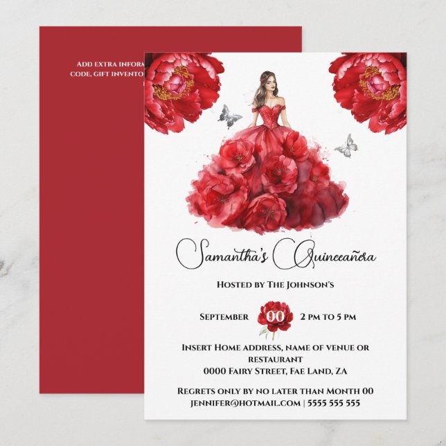 Rote Quinceañera Ballgown Peony Blume Einladung (Vorne/Hinten)