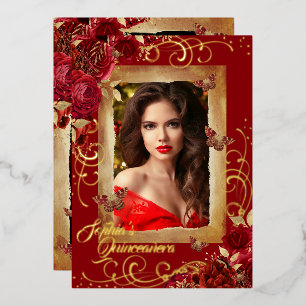 Rote Quinceanera-Foto Roségold-Schmetterling Folieneinladung