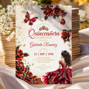 Rote Quinceañera Goldene Tiara Rosen Schmetterling Einladung