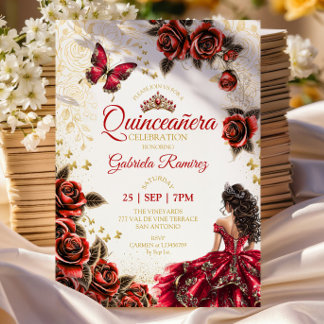 Rote Quinceañera Goldene Tiara Rosen Schmetterling Einladung