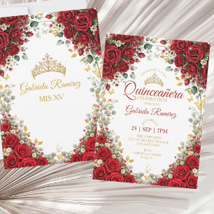 Rote Quinceañera goldene Tiara Schmetterlinge Rose Einladung