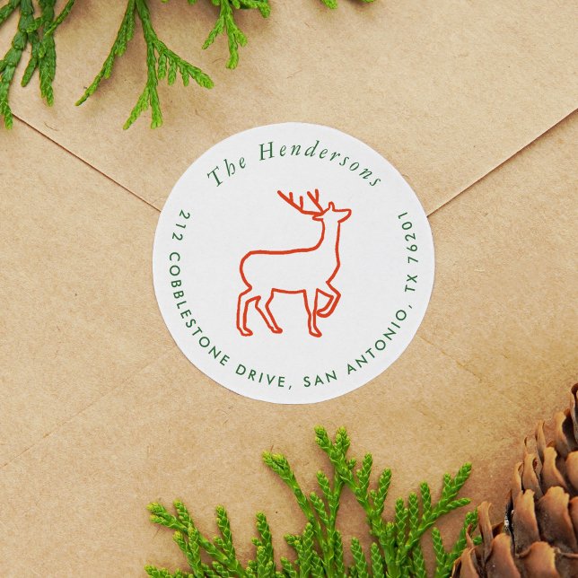 Rote Rentiere Skandinavische Grüne Rücksendeadress Runder Aufkleber (Red Reindeer Scandinavian Green Return Address Classic Round Sticker)