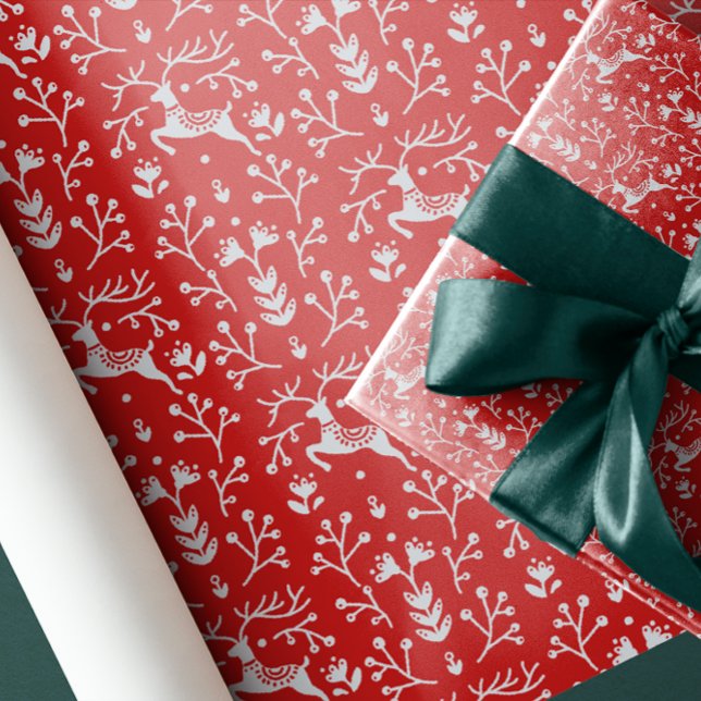 Rote Rentierfäuste und Zweige der Nordischen Volks Geschenkpapier (Von Creator hochgeladen)