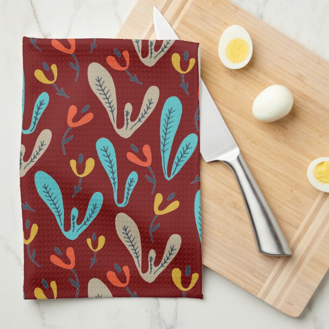 Rote Retro-Blume und botanische Geschirrtuch (Viertel Falte)