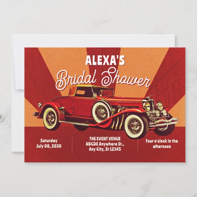 Rote Retro-Klassiker-Auto-Brautabschiedsparty Einladung (Vorderseite)