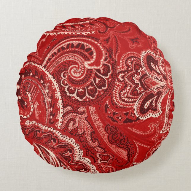 Rote Retro Paisley Bandanna/Bandana Rundes Kissen (Vorderseite)