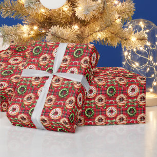 Rote Retro-Weihnachts-Donuts rotes Tartan-Karo Geschenkpapier