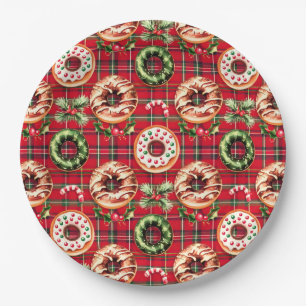 Rote Retro-Weihnachts-Donuts Rotes Tartan-Karo Pappteller