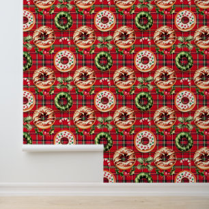 Rote Retro-Weihnachts-Donuts rotes Tartan-Karo Tapete