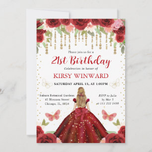 Rote-Robe-Blondhaar-Prinzessin 21. Geburtstag Einladung