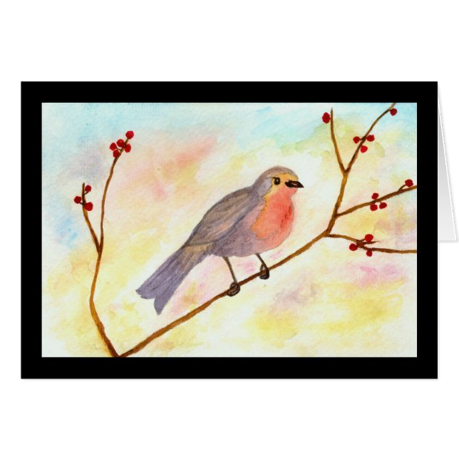 Rote Robin-Liebe-rote Beerenwatercolor-Kunst (Vorderseite (Horizontal))