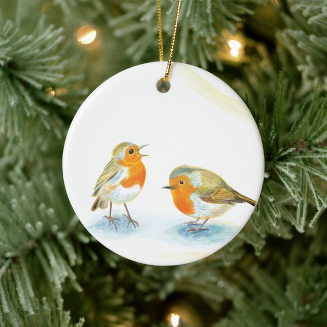 Rote Robins im Winter Keramik Ornament (Baum)