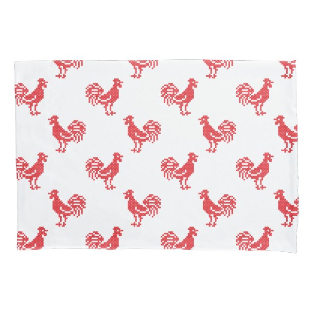 Rote Rooster-Muster Kissenbezug (Vorderseite)