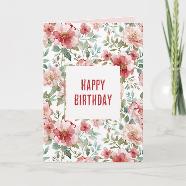 Rote rosa Blumen Geburtstag Karte (Vorderseite)