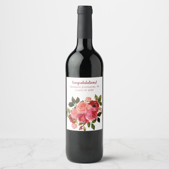 Rote rosa Blumenrose Abschluss Weinetikett (Vorderseite)
