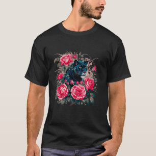 Rote rosa Blumenrosen Panther Schwarz Katze Vintag T-Shirt