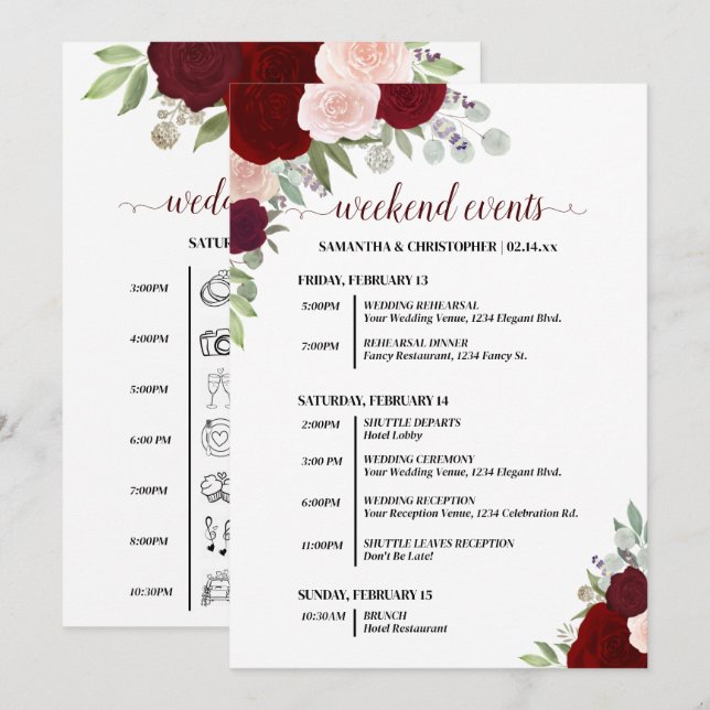Rote & Rosa Boho-Rosen Hochzeitsveranstaltungen &  Programm (Vorne/Hinten)