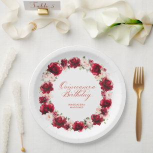 Rote rosa florale personalisierte Quinceanera-Gebu Pappteller