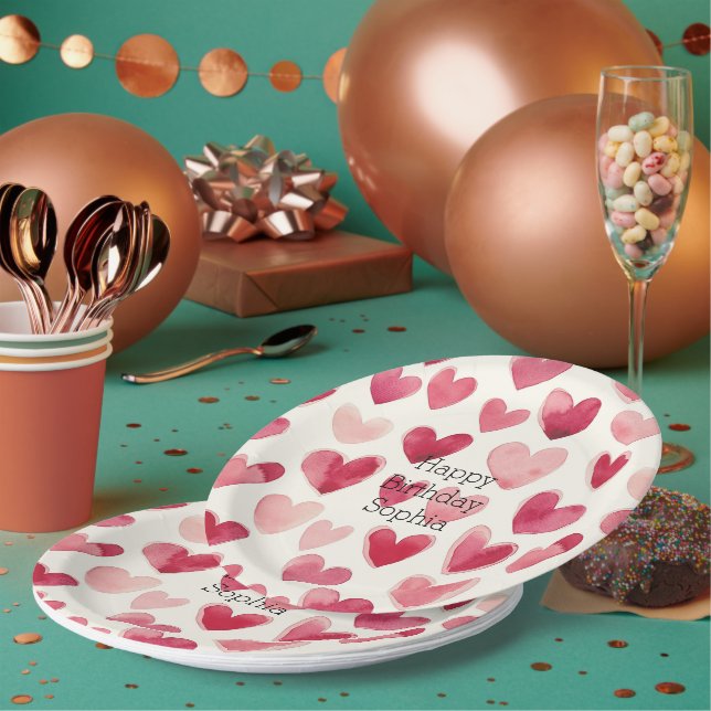 Rote rosa Herzen Geburtstag   Pappteller (Multi)