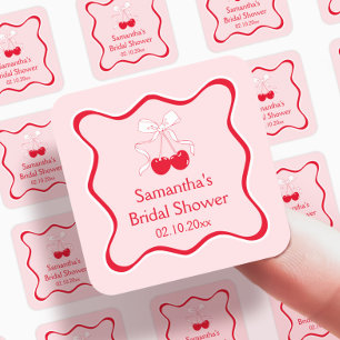 Rote rosa Kirsche oben drauf Schleife Brautparty G Quadratischer Aufkleber