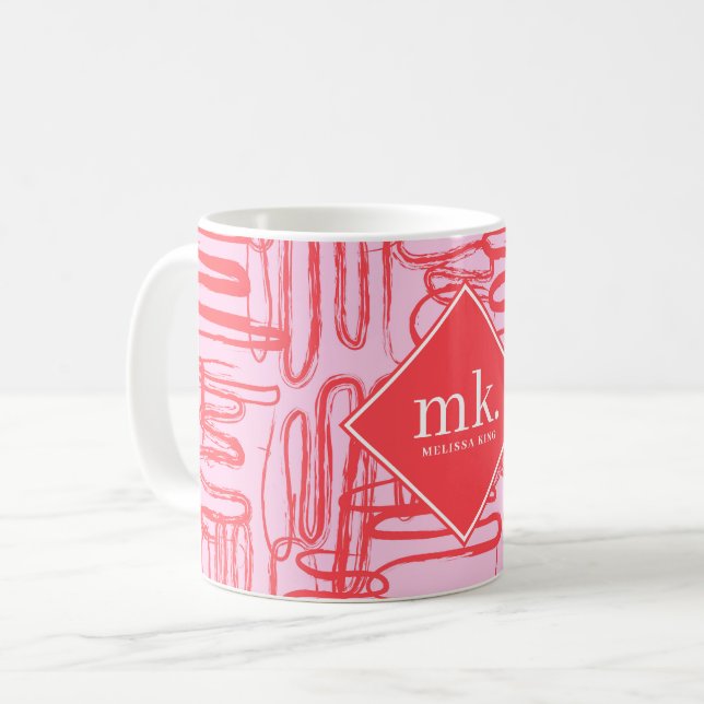 Rote Rosa Kurven Welligkeit Abstract Monogramm Kaffeetasse (Vorderseite Links)