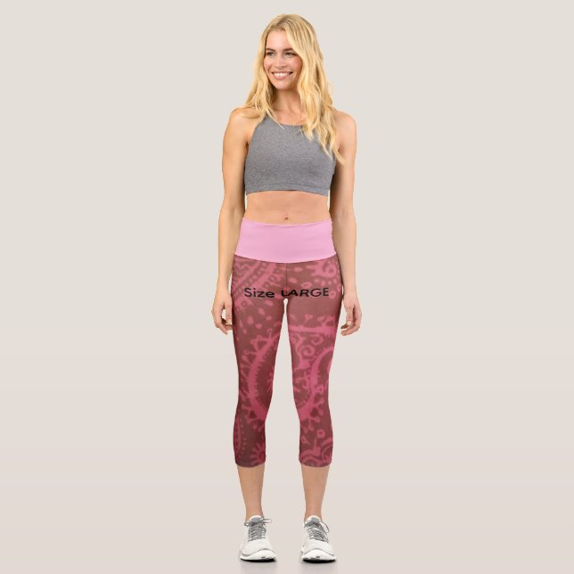 Rote rosa Paisley Capri Leggings LARGE (Vorderseite)