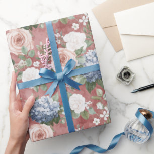 Rote rosa Rosen blaue Hortensien Blumen Hochzeit Geschenkpapier