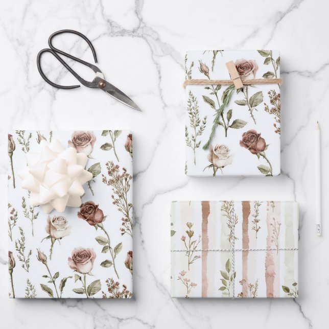 Rote Rosa Rosen Blumen Geburtstag Geschenkpapier Set (Vorderseite)
