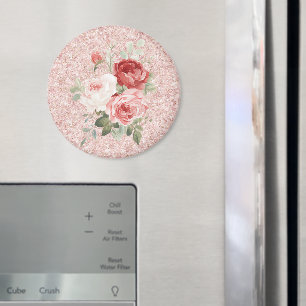Rote rosa Rosen Blumen Glitter Magnet