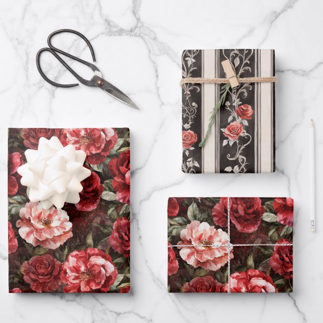 Rote rosa Rosenblüten Geschenkpapier Set (Vorderseite)