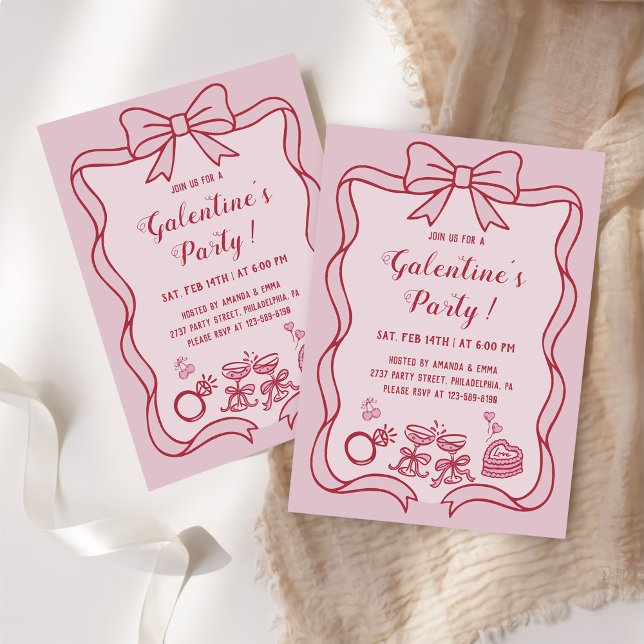 Rote rosa Schleife Galentine's-Party Einladung (Von Creator hochgeladen)