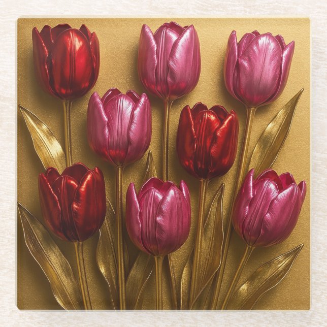 Rote rosa Tulpen Gold Glasuntersetzer (Vorderseite)