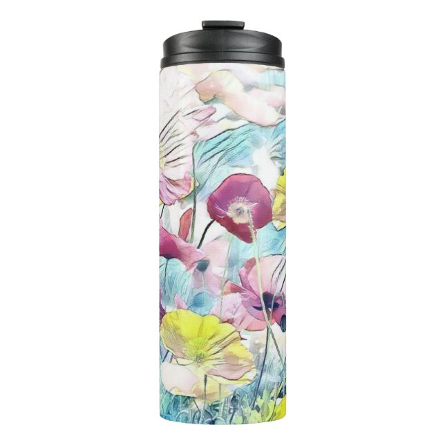 Rote, rosa und gelbe Frühlingsblumen Thermosbecher (Vorderseite)