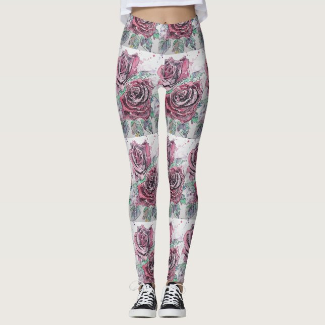Rote Rose Aquarell Blume Rote Flora Leggings (Vorderseite)