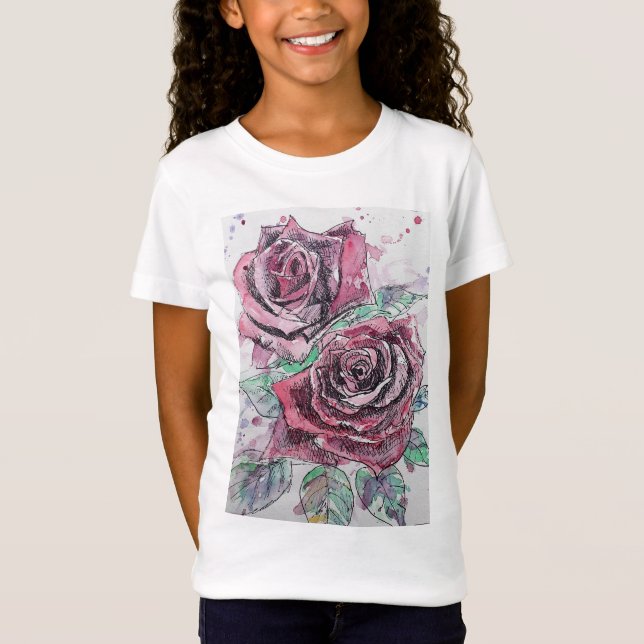 Rote Rose Aquarell und Tintenkunst Girls T Shirt (Vorderseite)