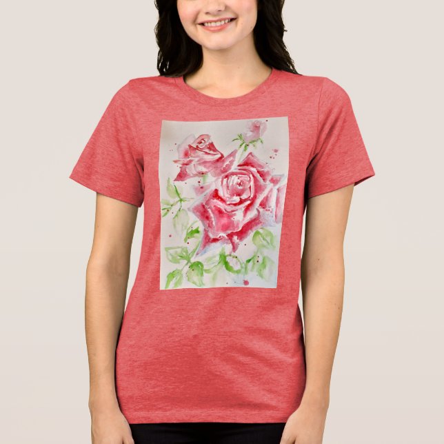 Rote Rose Aquarellfarben Blume Blumenbemalung Rose Tri-Blend Shirt (Vorderseite)
